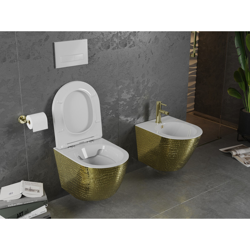 Mexen Lena rimloze wc-pot met slank, zacht sluitend duroplast zitje, wit/goud, schubbenpatroon - 30224008