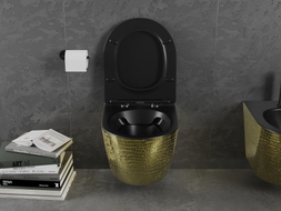 Mexen Lena WC-Schüssel Rimless mit langsam schließendem Slim-Sitz, Duroplast, Schwarz matt/Goldenes Schuppenmuster - 30224078