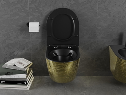 Mexen Lena WC-Schüssel Rimless mit Slim-Absenkautomatik-Sitz, Duroplast, Schwarz Matt/Gold Muster Schuppen - 30224078