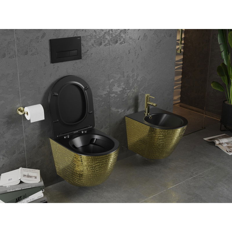 Mexen Lena λεκάνη wc Rimless με καθίσμα slim αργής πτώσης, duroplast, ματ μαύρη/χρυσό