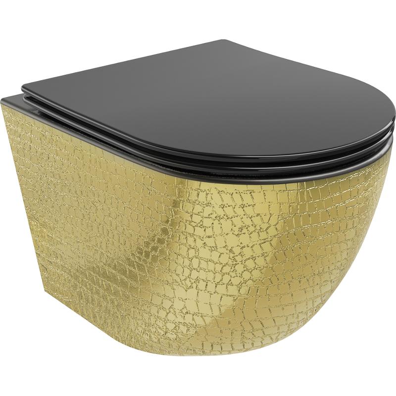Mexen Lena inodoro sin rebordes con tapa de cierre suave slim, duroplast, negro mate/patrón dorado de escamas - 30224078