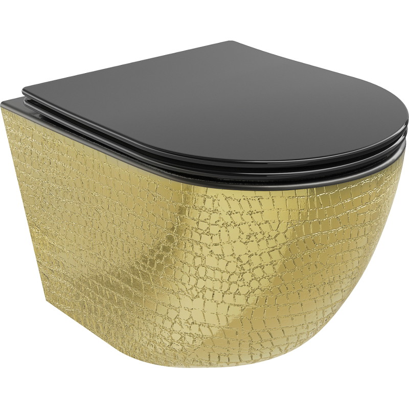 Mexen Lena wc-pot Rimless met langzaam vallende slanke toiletzitting, duroplast, matzwart/gouden schubbenpatroon - 30224078