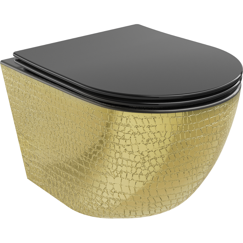 Mexen Lena WC-Schüssel Rimless mit Slim-Absenkautomatik-Sitz, Duroplast, Schwarz Matt/Gold Muster Schuppen - 30224078