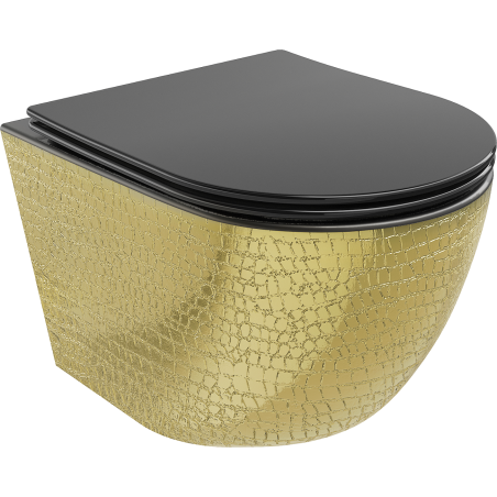 Mexen Lena wc-pot Rimless met langzaam sluitende, slanke duroplast zitting, zwart mat/goud schubbendessin - 30224078