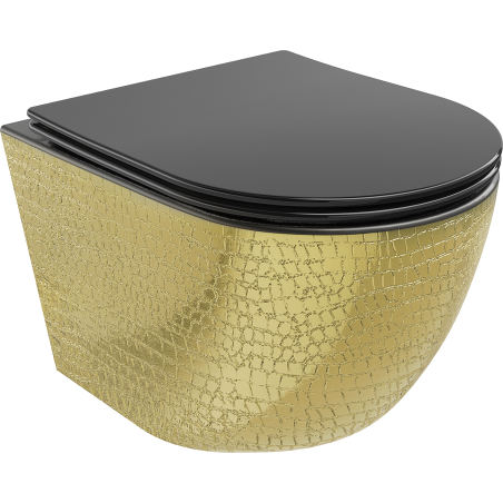 Mexen Lena WC-Schüssel Rimless mit Slim-Absenkautomatik-Sitz, Duroplast, Schwarz Matt/Gold Muster Schuppen - 30224078