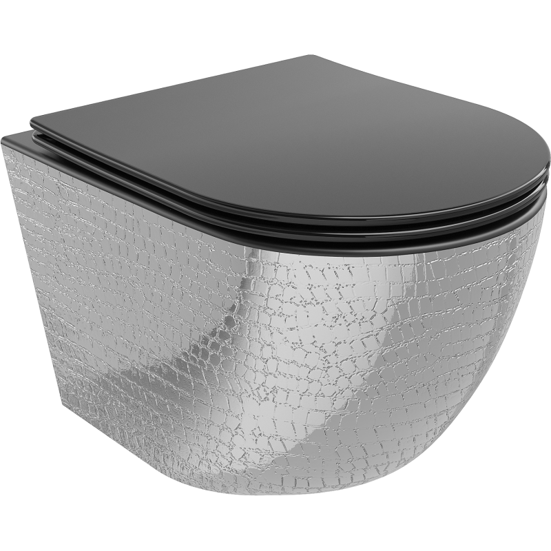 Mexen Lena WC-skål Rimless med mjukstängande slim-sits, duroplast, svart matt/silver fiskskalsmönster - 30224072
