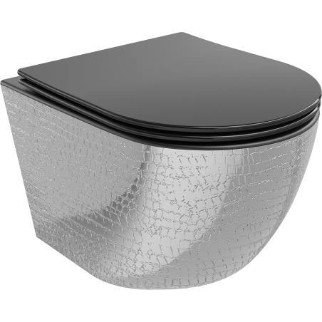 Mexen Lena WC-skål Rimless med mjukstängande slim-sits, duroplast, svart matt/silver fiskskalsmönster - 30224072