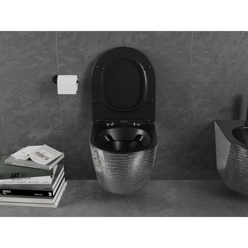Mexen Lena cuvette WC Rimless avec abattant à descente progressive slim, duroplast, noir mat/motif écaille argent - 30224072