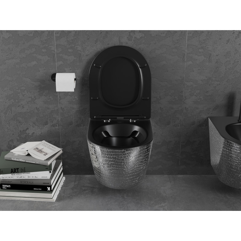 Mexen Lena wc-kom Rimless met softclose slim zitting, duroplast, zwart mat/zilver schubbenpatroon - 30224072