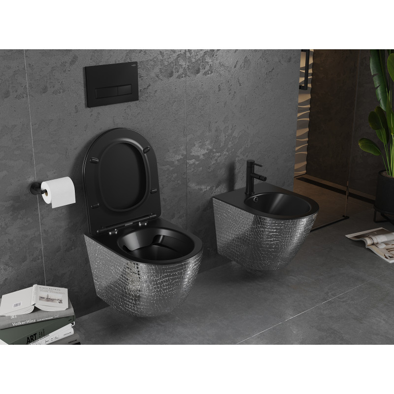 Mexen Lena WC-Schüssel Rimless mit Slim-Absenkautomatik, Duroplast, schwarz matt/silbernes Schuppenmuster - 30224072