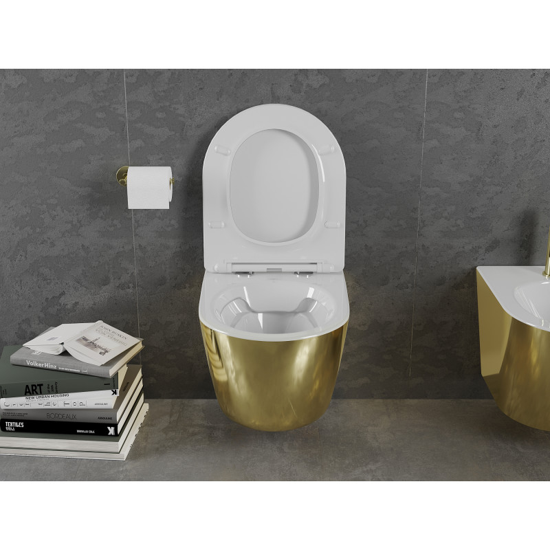 Mexen Lena inodoro suspendido Rimless con asiento de cierre suave slim, duroplast, blanco/dorado - 30224006