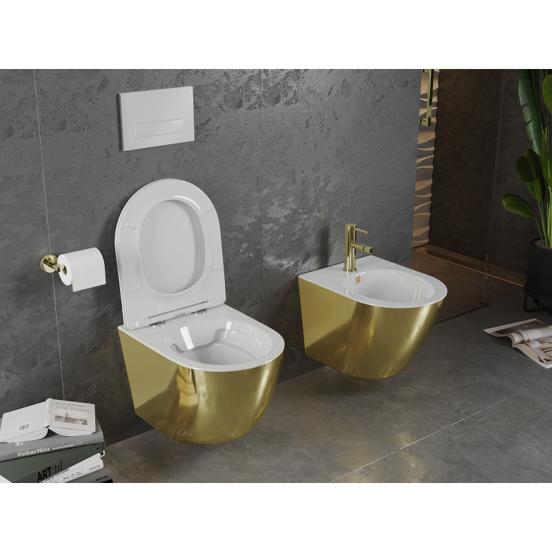 Mexen Lena inodoro suspendido Rimless con asiento de cierre suave slim, duroplast, blanco/dorado - 30224006
