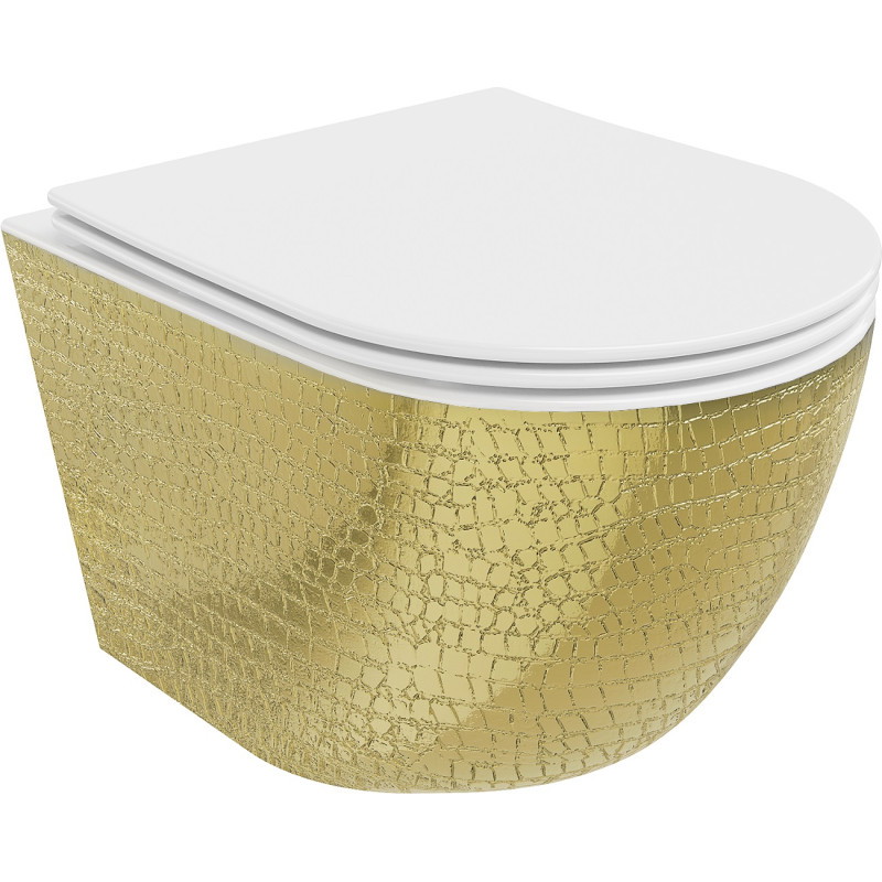 Mexen Lena taza wc sin reborde con asiento de cierre suave slim, duroplast, blanco/dorado patrón de escamas - 30224008