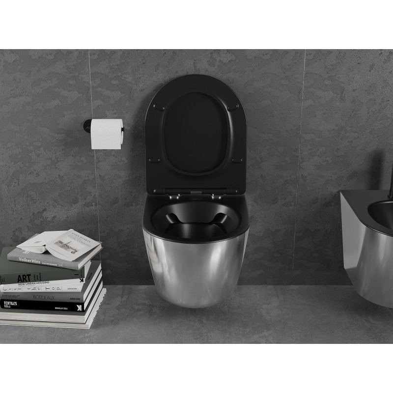 Mexen Lena cuvette WC Rimless avec abattant slim à fermeture douce, duroplast, noir mat/argent - 30224074