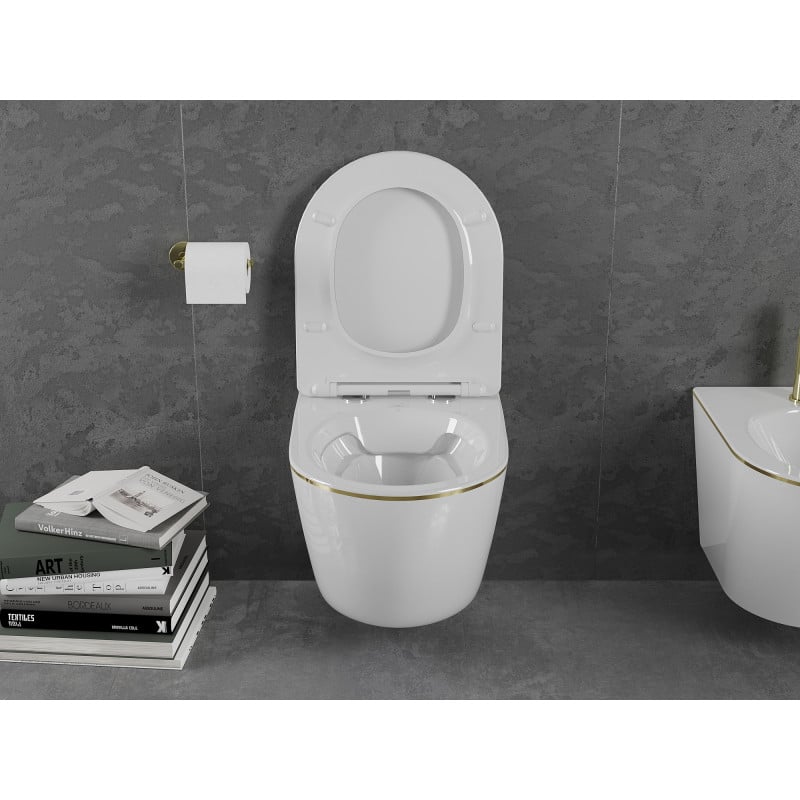 Mexen Lena miska wc Rimless z deską wolnoopadającą slim, duroplast, biała/złota linia - 30224005