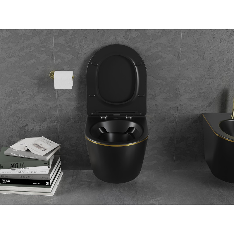 Mexen Lena taza de inodoro sin borde con asiento de cierre suave delgado, duroplast, negro mate/línea dorada - 30224075