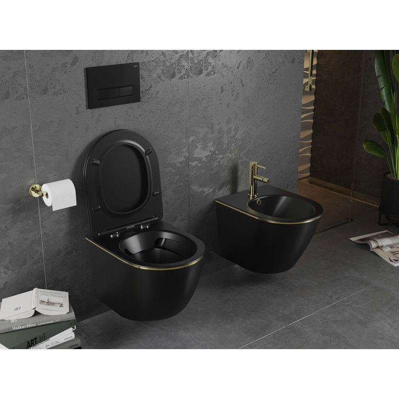 Mexen Lena vaso WC senza bordo con sedile a chiusura rallentata slim, duroplast, nero opaco / linea dorata - 30224075