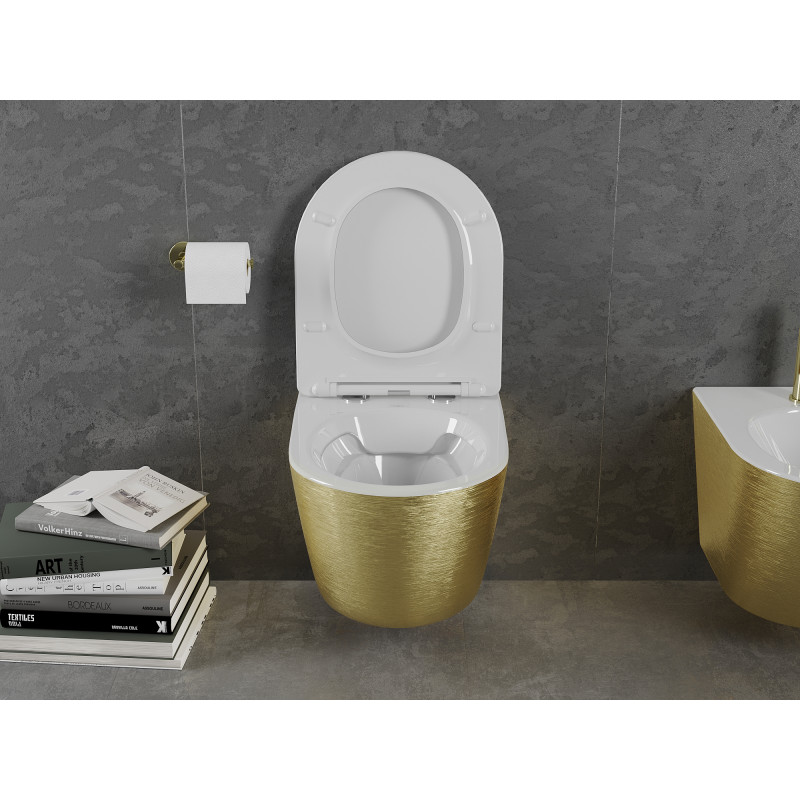 Mexen Lena WC-Schüssel Rimless mit langsam schließendem Slim-Sitz, Duroplast, weiß/goldenes Linienmuster - 30224007