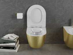 Mexen Lena Rimless WC Bowl with Slow-Close Slim Seat, Duroplast, White/Gold Line Pattern - 30224007