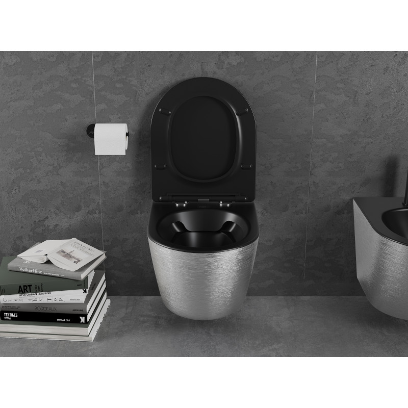 Mexen Lena taza WC sin bordes con asiento de cierre lento slim, duroplast, negro mate/patrón plateado líneas - 30224073