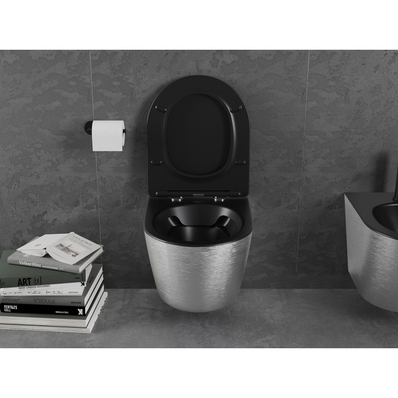 Mexen Lena wc-pot Rimless met softclose slim zitting, duroplast, zwart mat/zilver lijnpatroon - 30224073