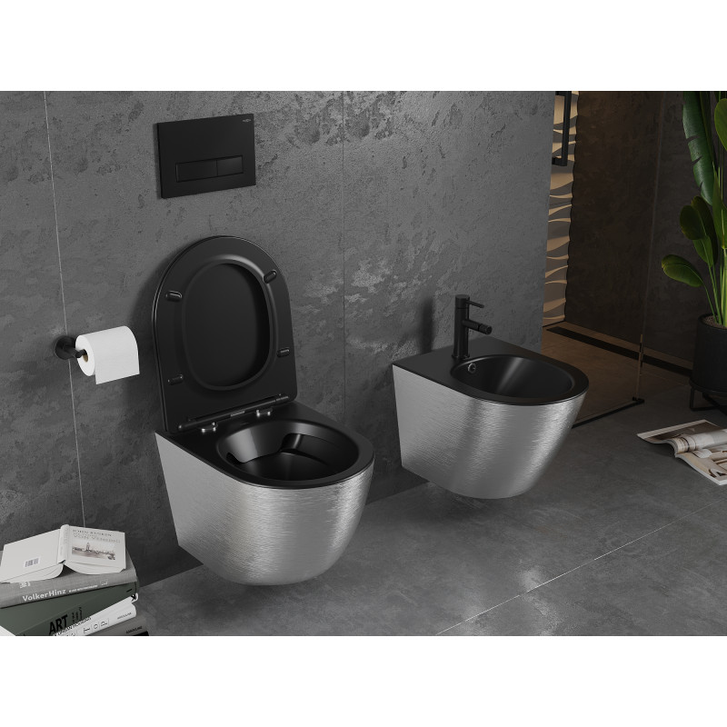 Mexen Lena cuvette WC sans rebord avec abattant à descente lente slim, duroplast, noir mat/motif argenté lignes - 30224073