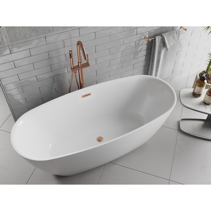 Mexen Luvo Slim wanna wolnostojąca 170 x 75 cm, biała, przelew miedź szczotkowana - 52801707500-65