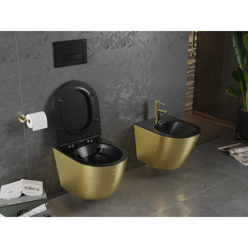 Mexen Lena miska wc Rimless z deską wolnoopadającą slim, duroplast, czarna mat/złota wzór linie - 30224077