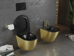 Mexen Lena Rimless WC-Schossel mat schwarzer/goldefaarwen Linnen Design mat lues ofzifallender Slim-Sëtzdeckel, Duroplast