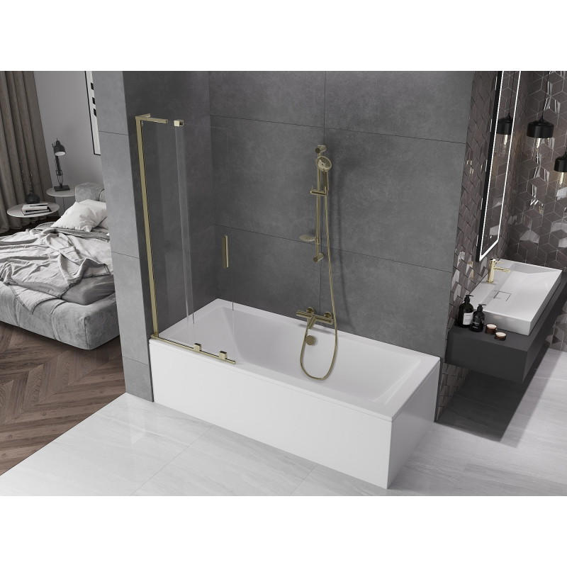 Mexen Velar L vannitoauks 2-tiivaline, lükatav 70 x 150 cm, läbipaistev, kuldne - 896-070-003-01-50