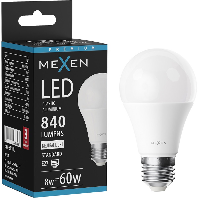 Mexen Nova Bombilla LED E27, A60, 8W, Neutral - 4000K, 840 lm - L100-E27-0840-01