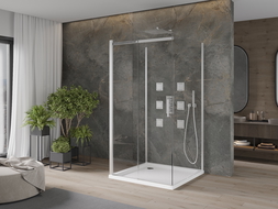 Mexen Omega-3S 3-väggig duschkabin med skjutdörr 100x100 cm, transparent, krom + Flat-duschkar - 825-100-100-01-00-3s-4010