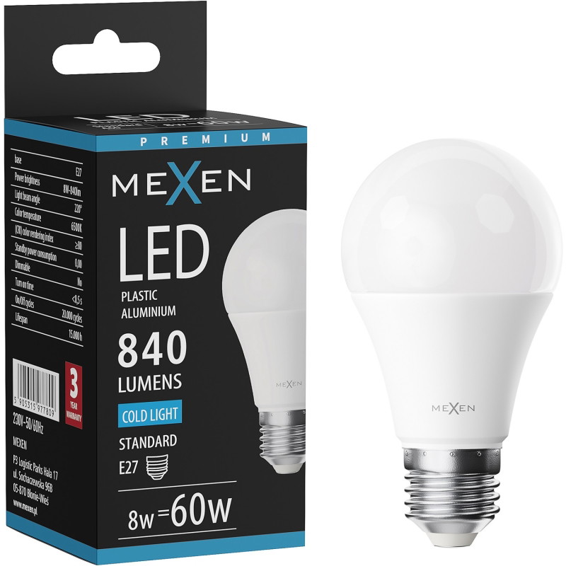 Mexen Nova Bombilla LED E27, A60, 8W, Fría - 6500K, 840 lm - L100-E27-0865-01