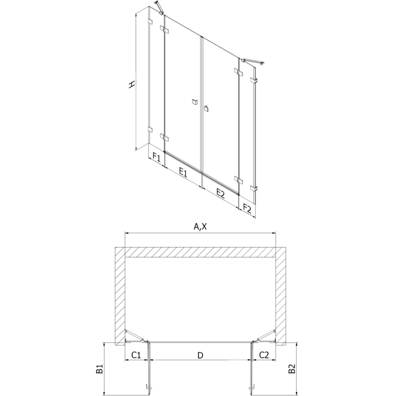 Mexen Lunar Duo shower door hinged 140 cm, transparent, brushed copper - 834D-140-000-65-00