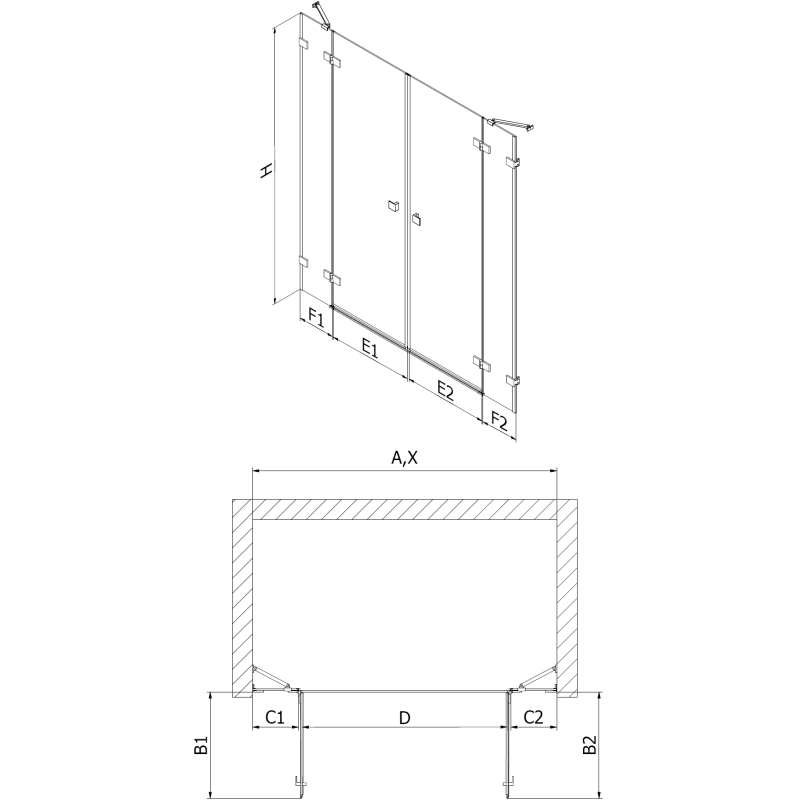 Mexen Lunar Duo drzwi prysznicowe uchylne 170 cm, transparent, czarne - 834D-170-000-70-00