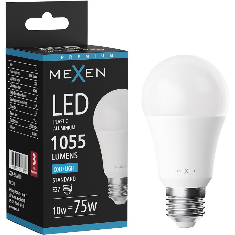 Mexen Nova żarówka LED E27, A60, 10W, Zimna - 6500K, 1055 lm - L100-E27-1065-01