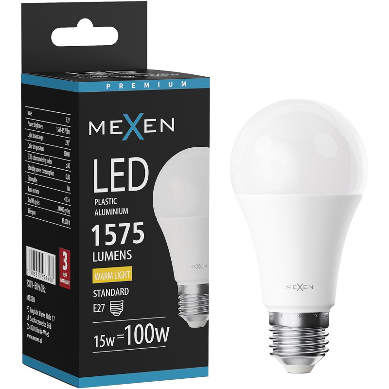 Mexen Nova żarówka LED E27, A60, 15W, Ciepła - 3000K, 1575 lm - L100-E27-1530-01