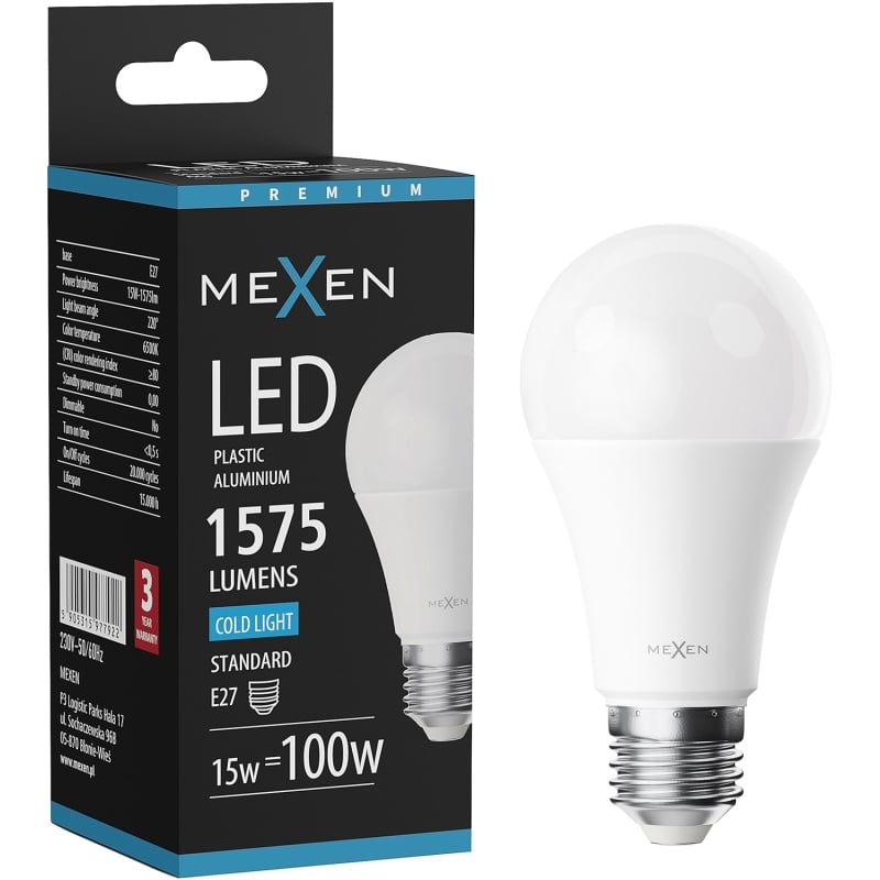 Mexen Nova żarówka LED E27, A60, 15W, Zimna - 6500K, 1575 lm - L100-E27-1565-01