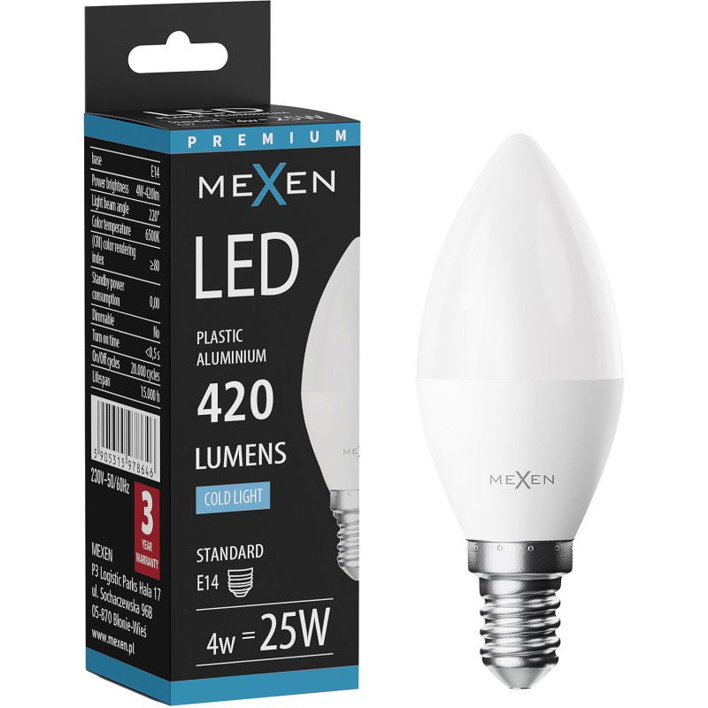 Mexen Nova Λάμπα LED E14, C37, 4W, Ψυχρή - 6500K, 420 lm - L102-E14-0465-01