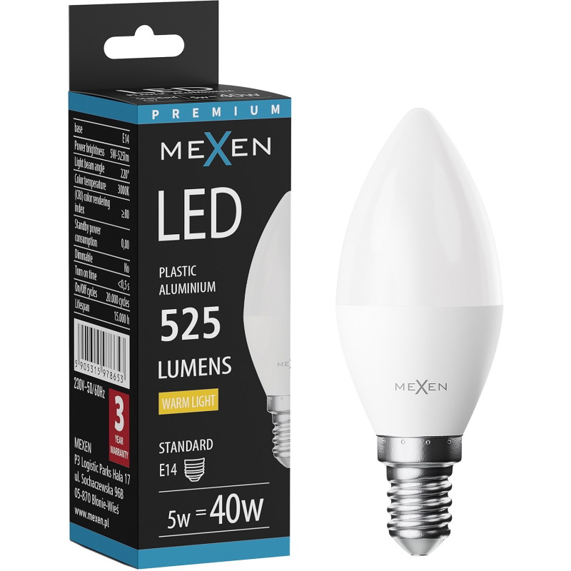 Mexen Nova Bombilla LED E14, C37, 5W, Cálida - 3000K, 525 lm - L102-E14-0530-01
