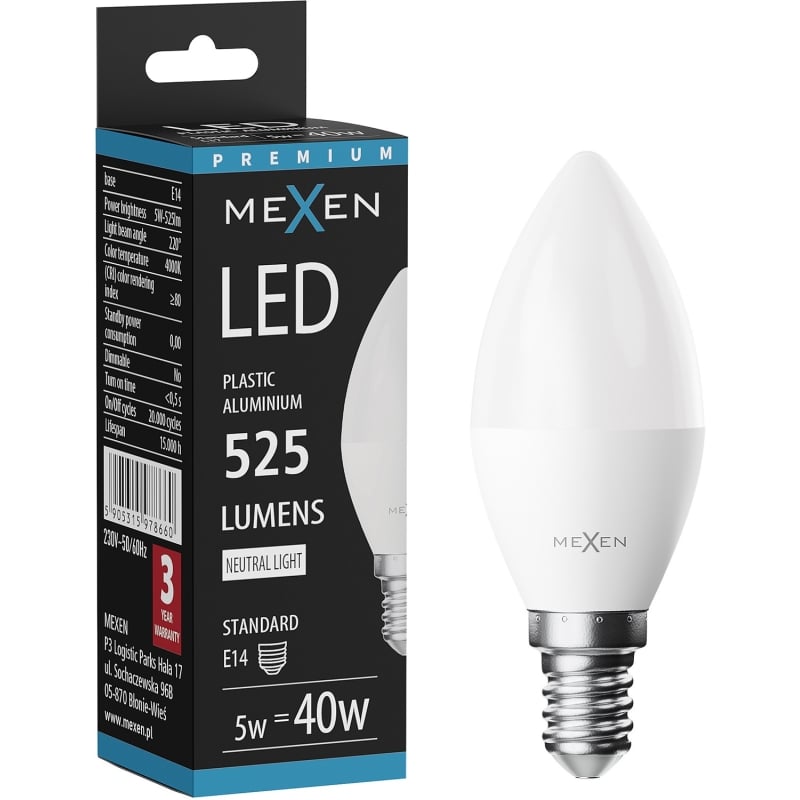 Mexen Nova Bombilla LED E14, C37, 5W, Neutra - 4000K, 525 lm - L102-E14-0540-01