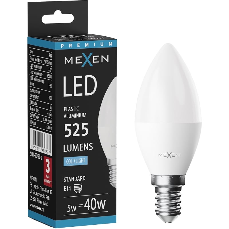 Mexen Nova żarówka LED E14, C37, 5W, Zimna - 6500K, 525 lm - L102-E14-0565-01