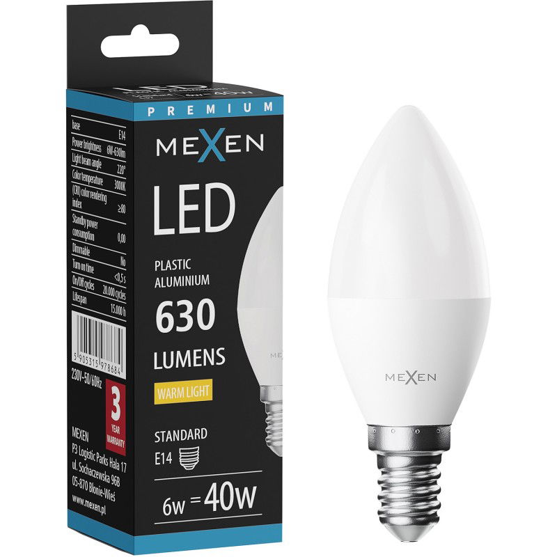 Mexen Nova LED žarnica E14, C37, 6W, Topla - 3000K, 630 lm - L102-E14-0630-01