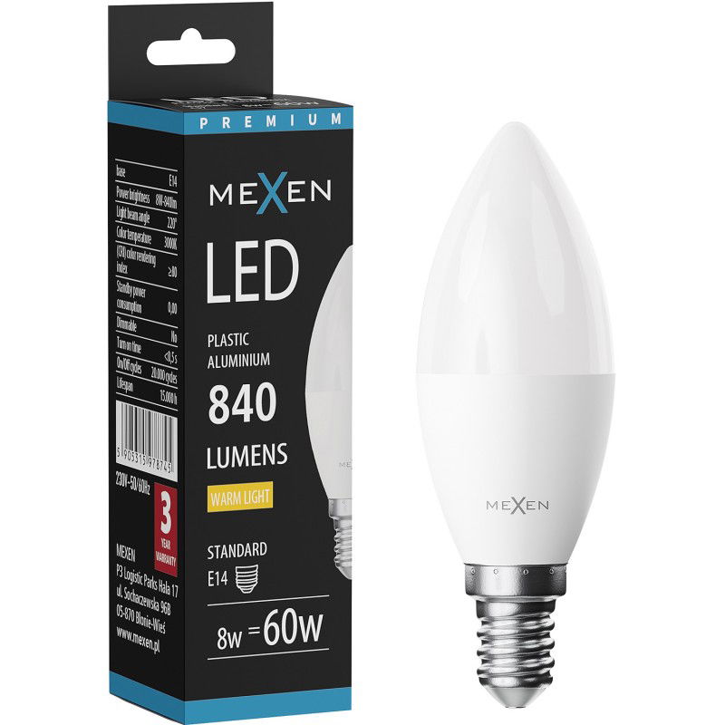 Mexen Nova LED spuldze E14, C37, 8W, Silta gaisma - 3000K, 840 lm - L102-E14-0830-01