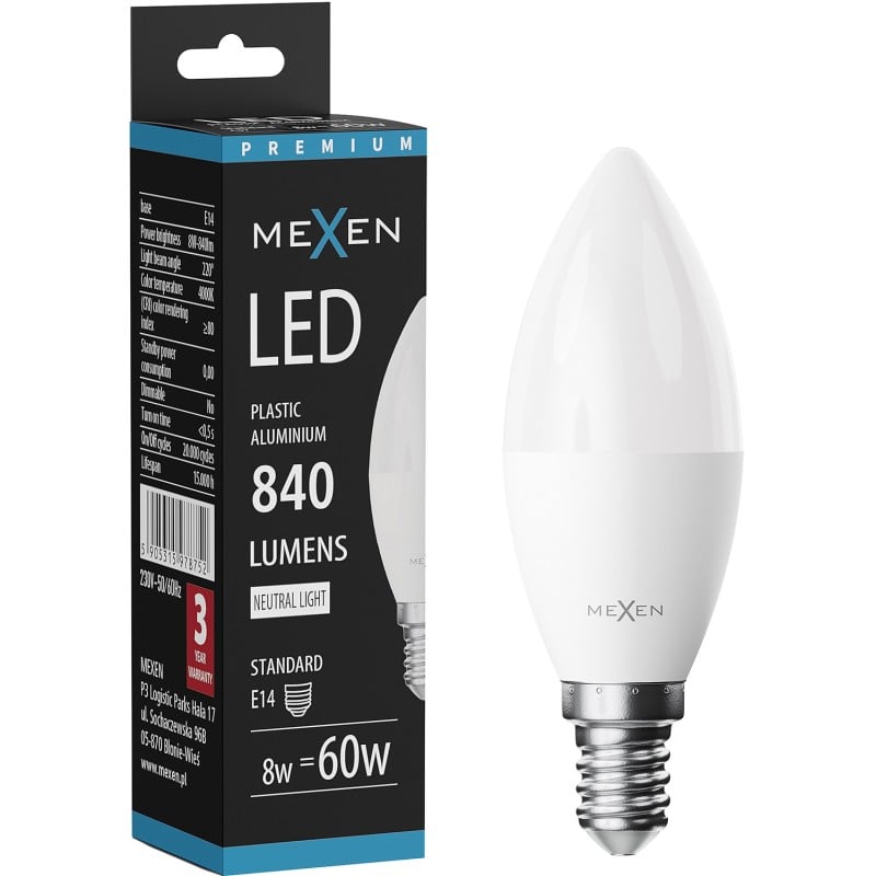 Mexen Nova LED-lamp E14, C37, 8W, Neutraal - 4000K, 840 lm - L102-E14-0840-01