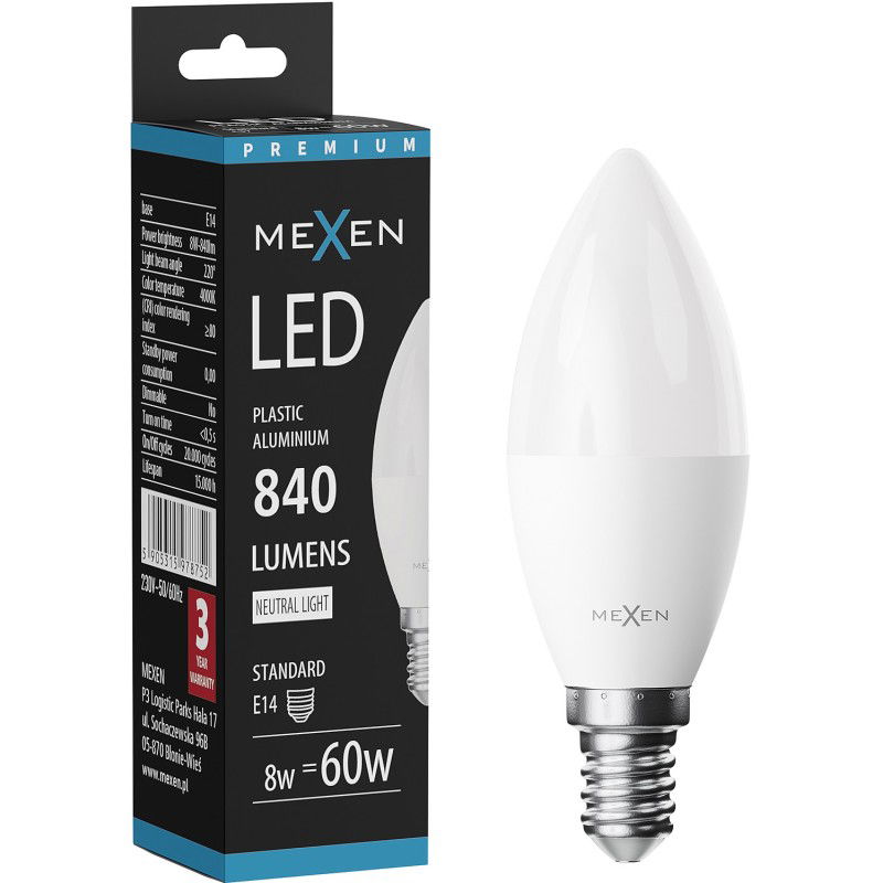 Mexen Nova LED spuldze E14, C37, 8W, Neitrāla - 4000K, 840 lm - L102-E14-0840-01
