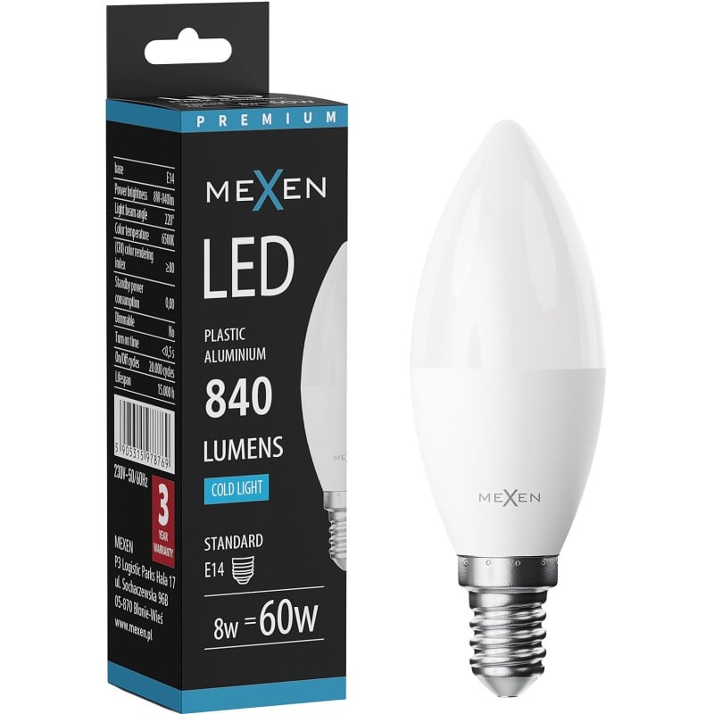 Mexen Nova LED-lamp E14, C37, 8W, Koud - 6500K, 840 lm - L102-E14-0865-01