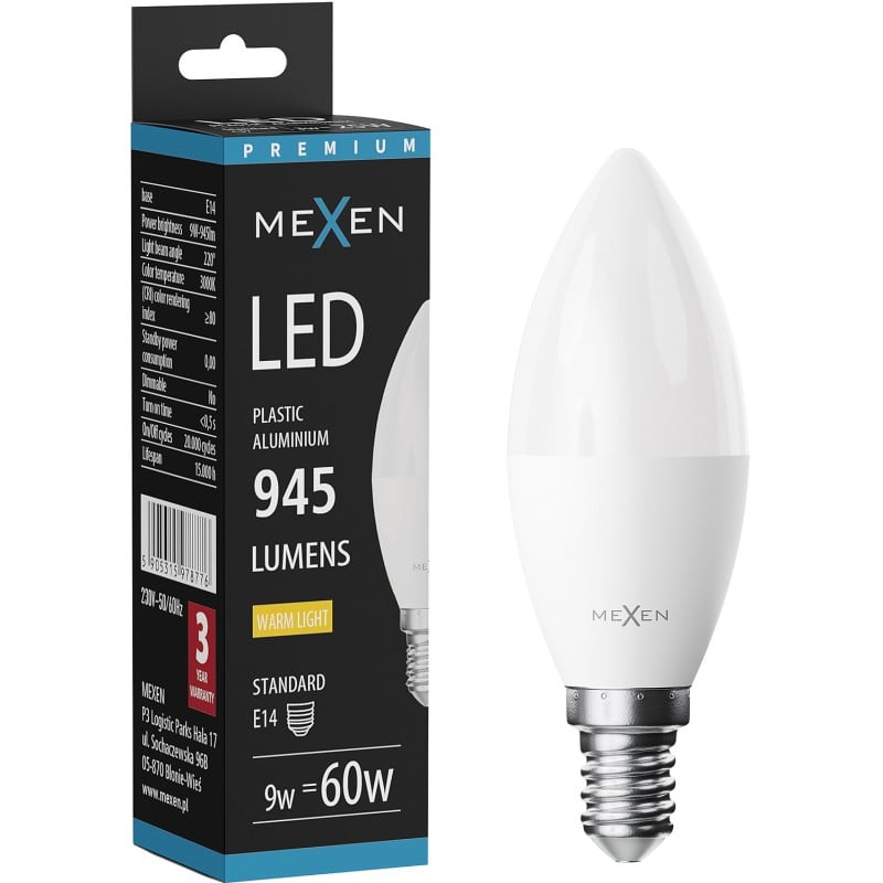 Mexen Nova LED-lamp E14, C37, 9W, Warm - 3000K, 945 lm - L102-E14-0930-01