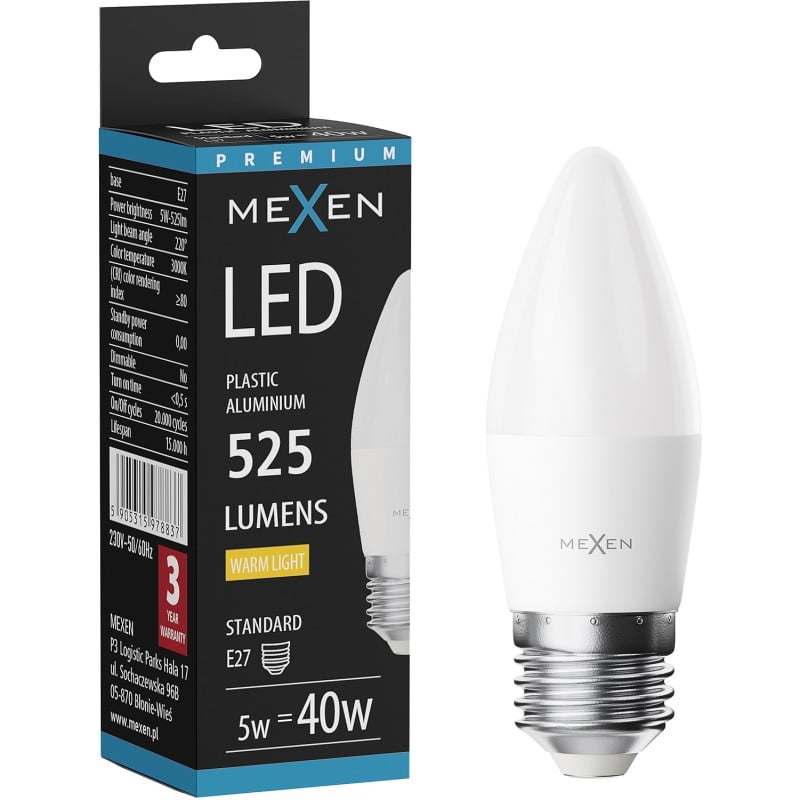 Mexen Nova LED-lamppu E27, C37, 5W, Lämmin - 3000K, 525 lm - L102-E27-0530-01