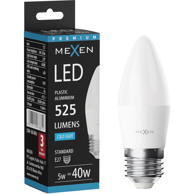 Mexen Nova Ampoule LED E27, C37, 5W, Froid - 6500K, 525 lm - L102-E27-0565-01